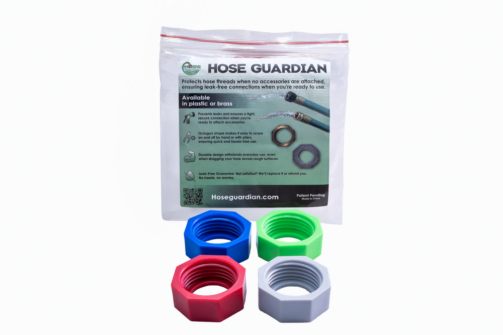 Hose Guardian packaging with colorful hex nuts on a white background