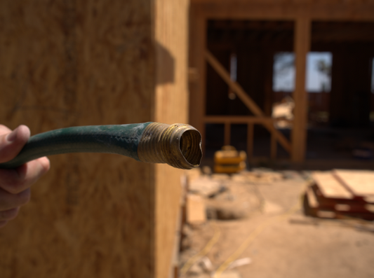 Hand holding a green garden hose in front of a construction site with wooden walls and tools.